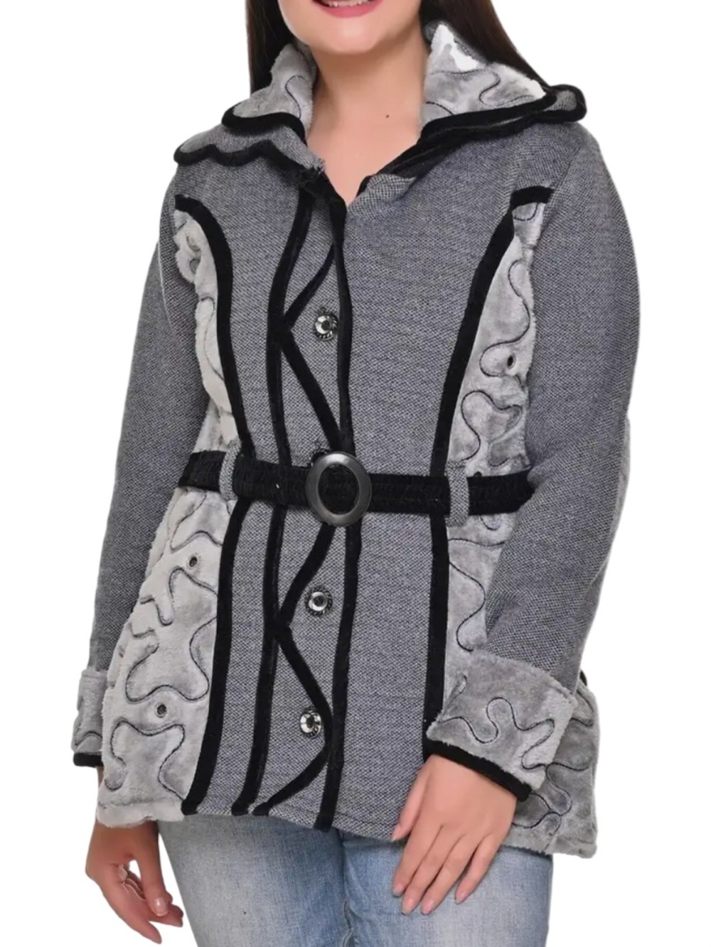 Grey Ruffle-Trim Belted Pea Coat